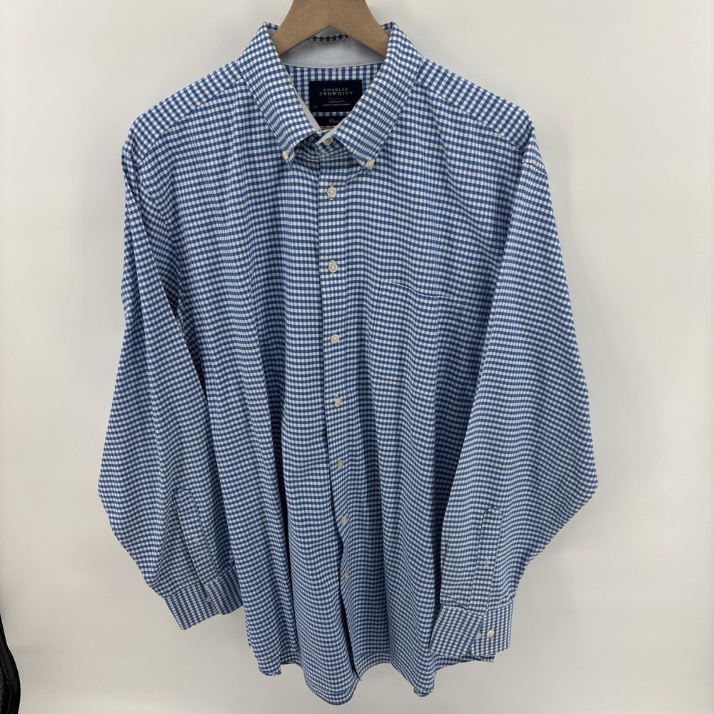 Charles Tyrwhitt Weekend Shirt Men's XL Blue White Check Classic Fit Non Iron - Picture 2 of 10